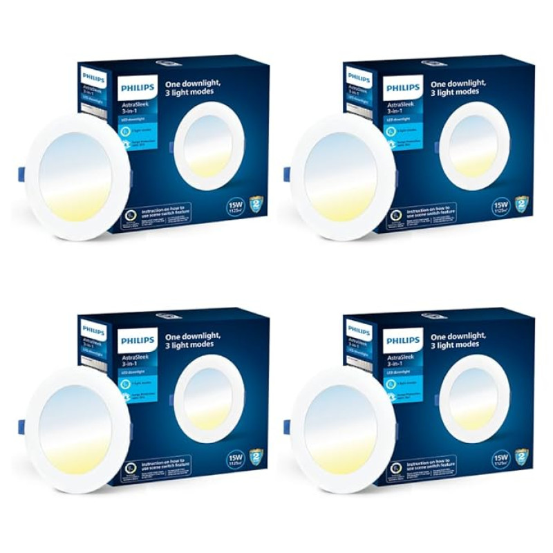 PHILIPS Astra Sleek 15-watt Round LED Downlighter | 3 Colors in 1 Recessed LED Downlight | LED Ceiling Light for Home and Hall | Cut Out: 6 inch, Color: Tunable White, Pack of 4