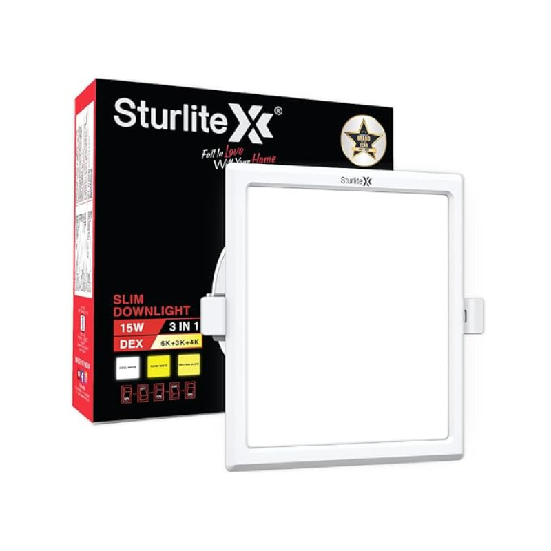 Sturlite Dex 15W (3 in1) Square LED Downlight|Warm, Neutral & Cool White Color Temperature|1500 Lumens with CRI Tech for Various Ceiling Types and Rooms - (Pack of 1)