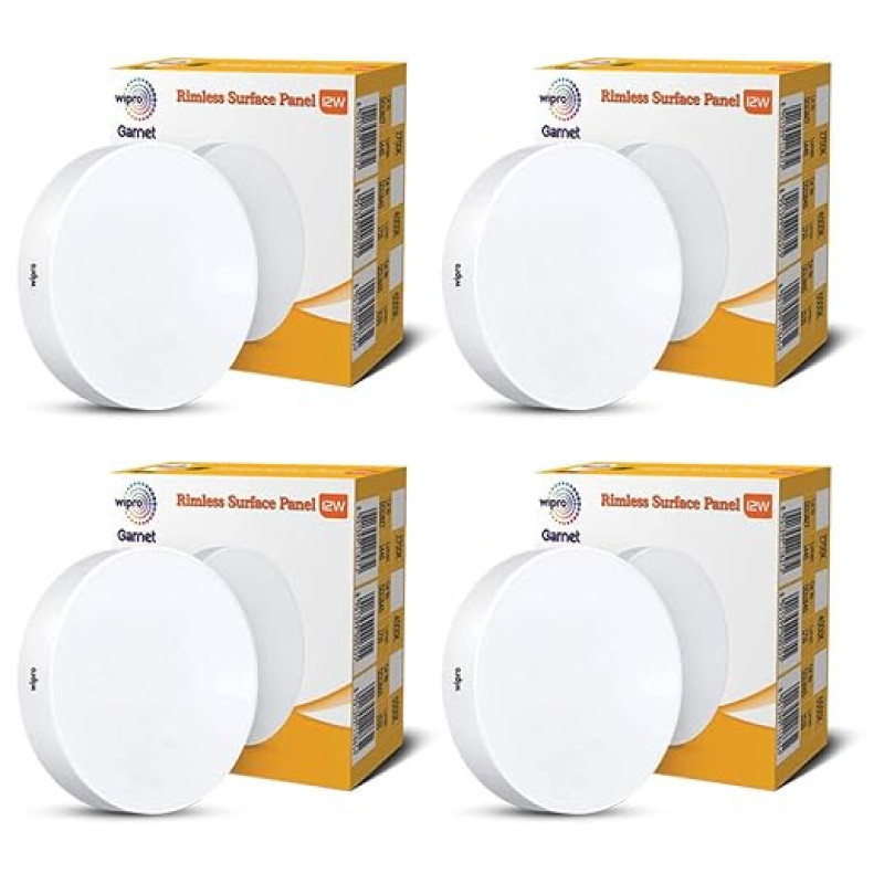Wipro Garnet 12W Rimless Round LED Surface Panel | Warm White Light (2700K) | Elegant Rimless Design for Wider Spread of Light | Surface Mounted LED Down Light for Ceiling | Pack of 4