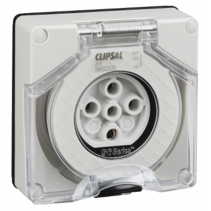 Schneider 56 Series IP 66 - 20A - 500 V - 5 Pin Round Less Enclosure Socket Outlet Surface - (56SO520LE-GY)