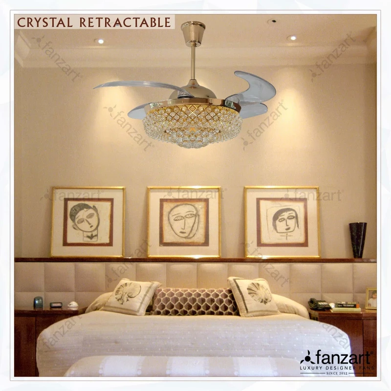 Fanzart Crystal Retractable – 44″ Crystal Fandelier ® with 4 x ABS transparent retractable blades, LED light, and Remote Control