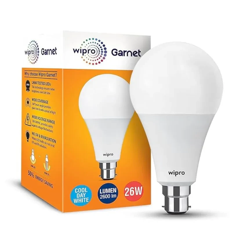 wipro Garnet 26W LED Bulb for Home & Office |Cool Day White (6500K) | B22 Base|220 degree Light coverage |4Kv Surge Protection |400V High Voltage Protection |Energy Efficient | Pack of 1