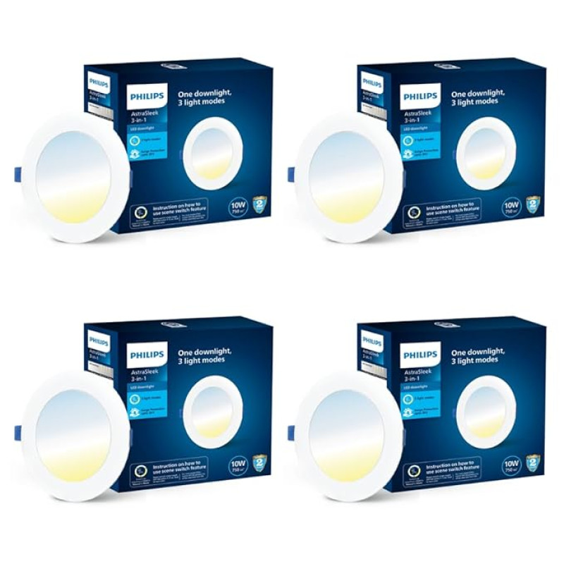 PHILIPS Astra Sleek 10-watt Round LED Downlighter | 3 Colors in 1 Recessed LED Downlight | LED Ceiling Light for Home and Hall | Cut Out: 4.3 inch, Color: Tunable White, Pack of 4